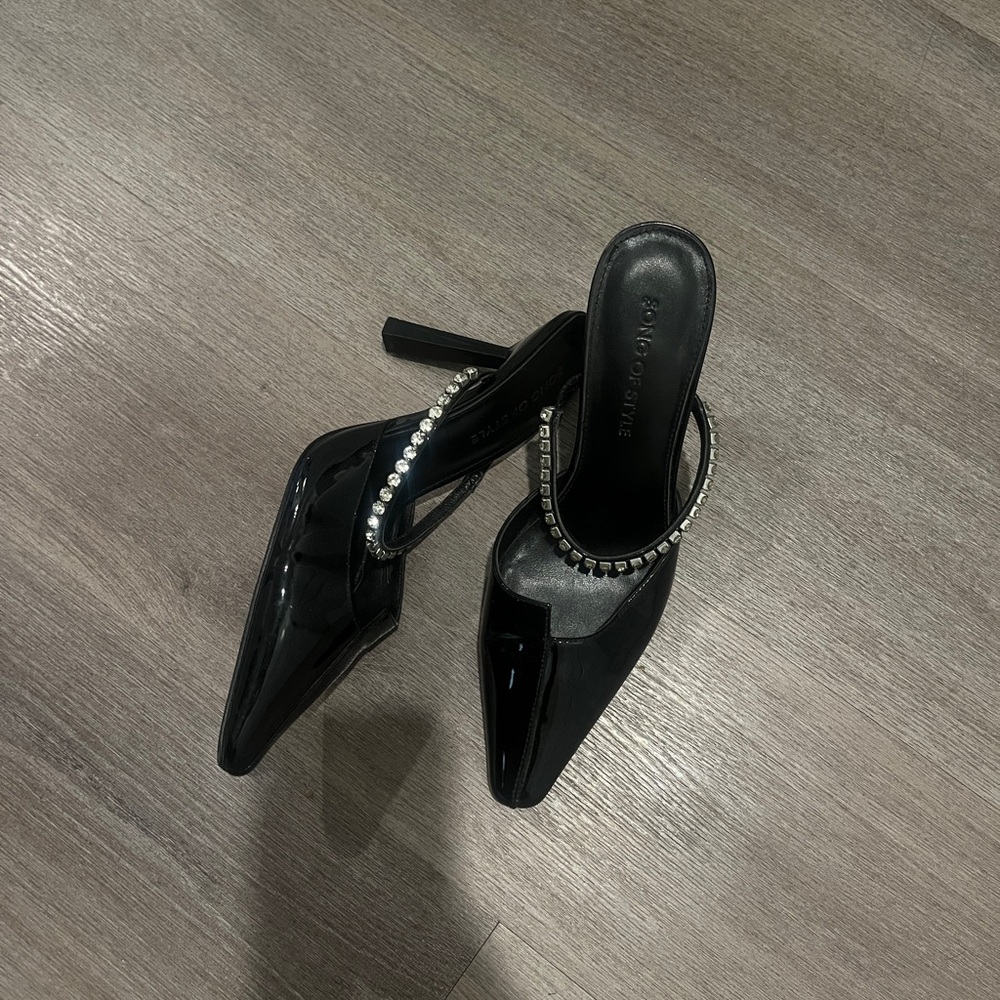 Black Heeled Mules with Rhinestone Detail
